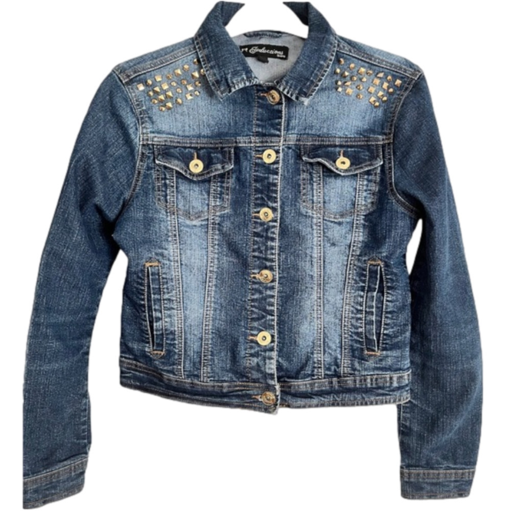 Seductions DENIM cropped Jean Jacket. Streetwear Gold decorative studs. Medium